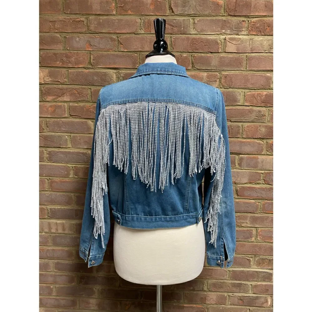4 Fashion Aolinna Rhinestone Fringe Blue Denim Jacket Size XXL NWOT